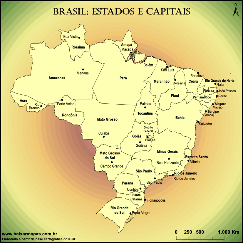 Mapa de estados e capitais do Brasil, amarelo com fundo em cores pastéis