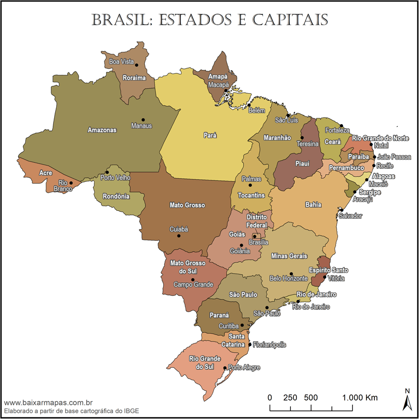 Mapa de estados e capitais do Brasil em cores marrons