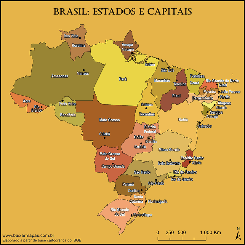 Mapa de estados e capitais do Brasil em tons marrons com fundo amarelo ouro