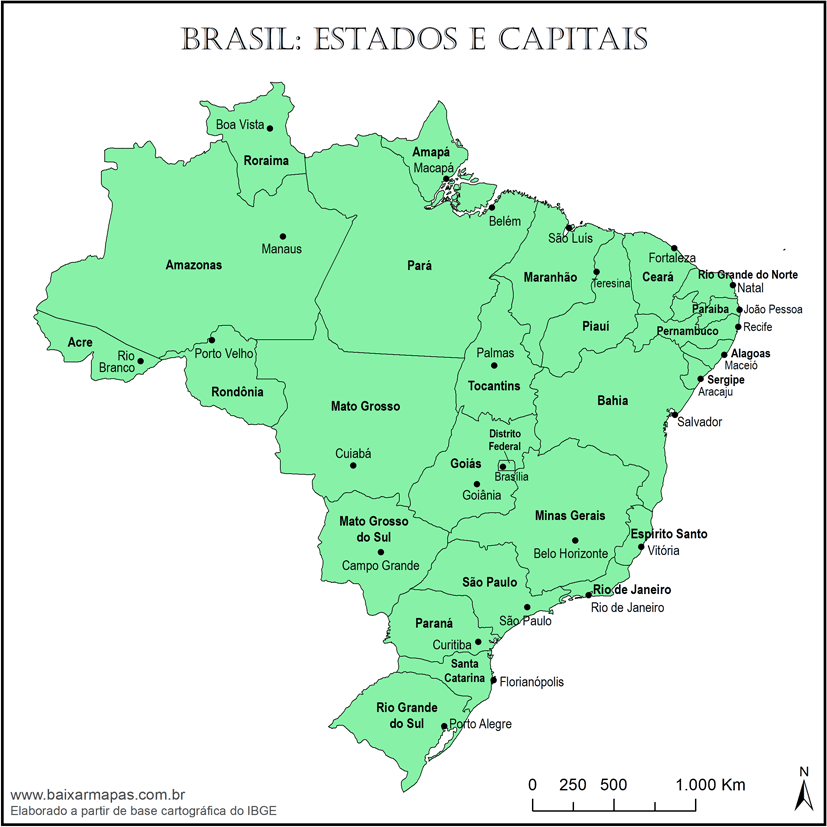 Mapa de estados e capitais do Brasil em cor verde.