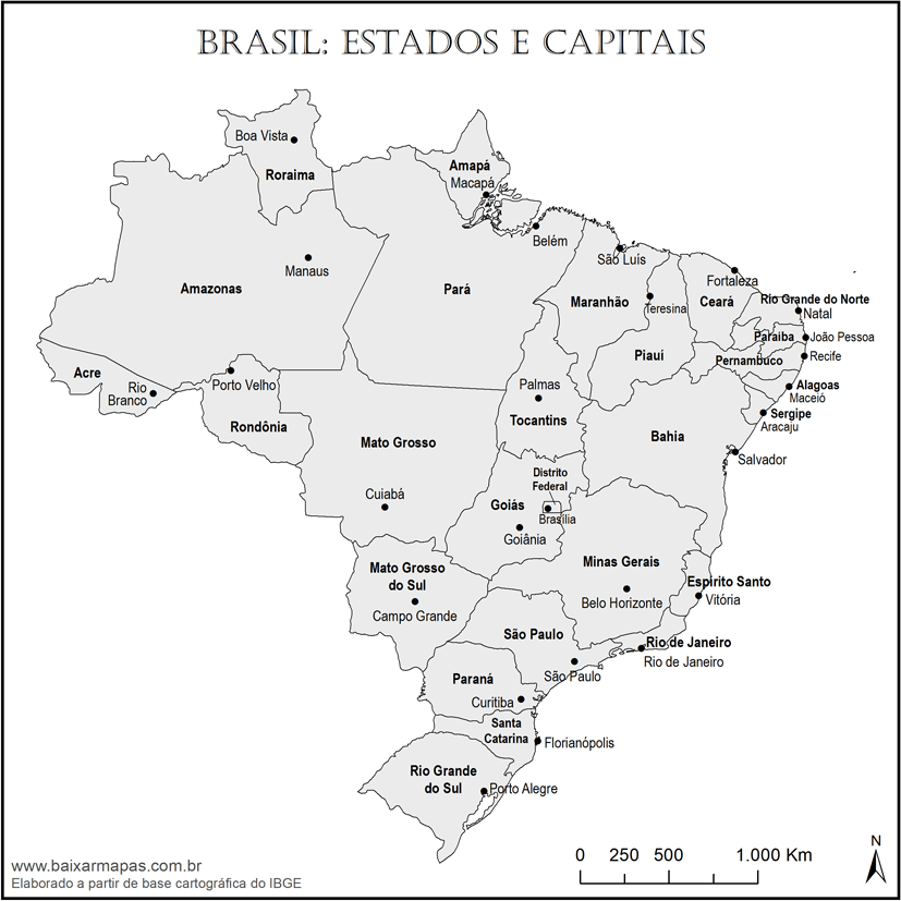 Mapa de estados e capitais do Brasil em cor cinza.