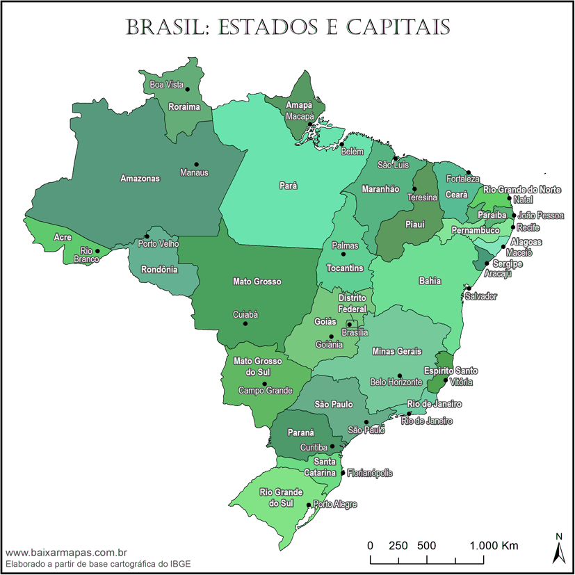 Mapa de estados e capitais do Brasil em cores verdes.