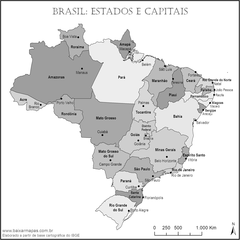 Mapa de estados e capitais do Brasil em escala de cinza.