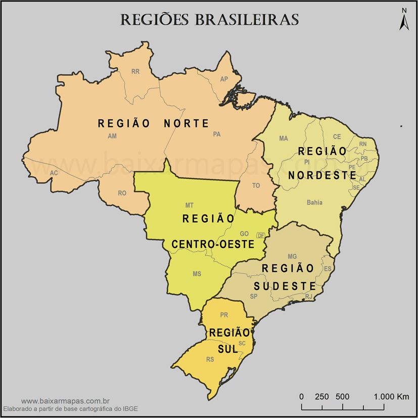 Mapa do Brasil dividido em regiões com divisão dos estados.