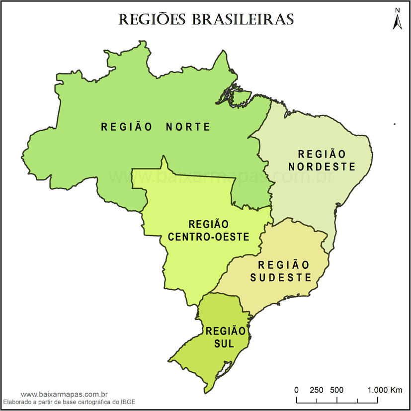 Mapa das regiões brasileiras.