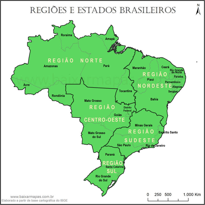 Mapa do Brasil dividido em regiões e estados com nomes de todas as regiões e estados.