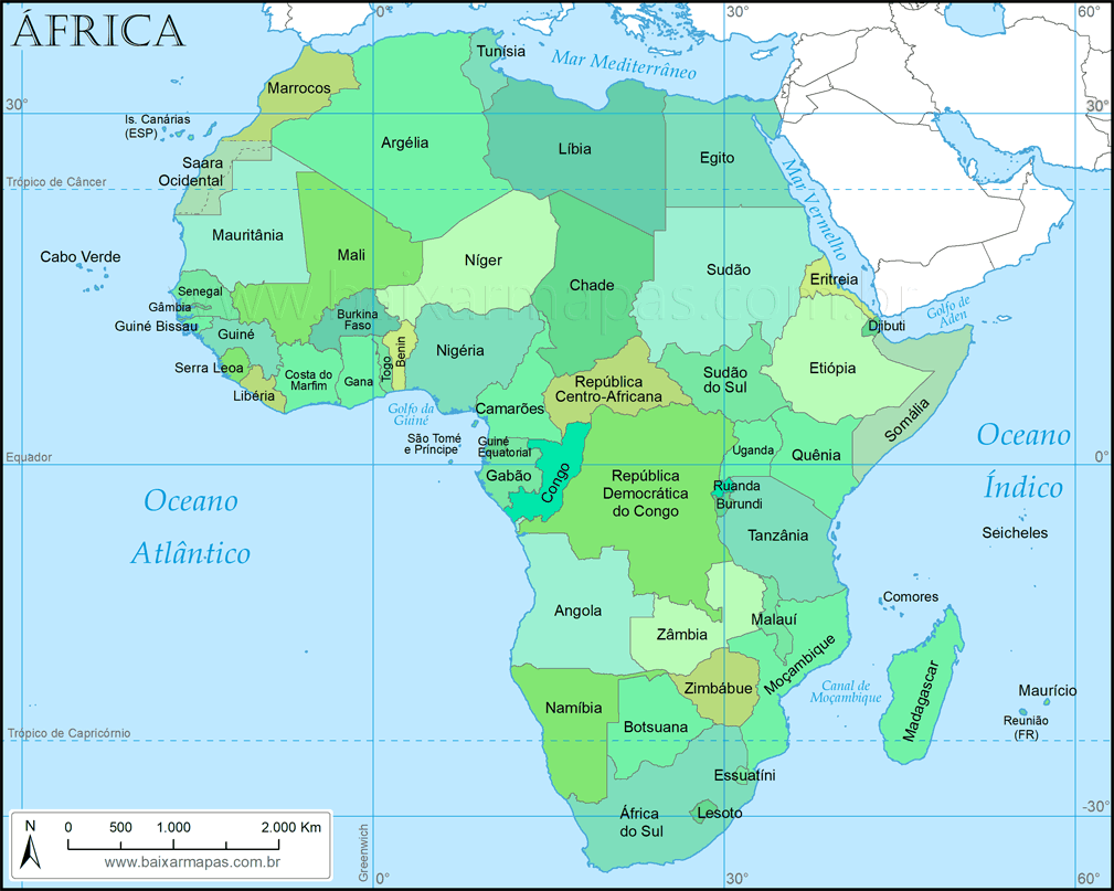 Mapa político da África em cor verde Mapa político do continente africano em cores verdes