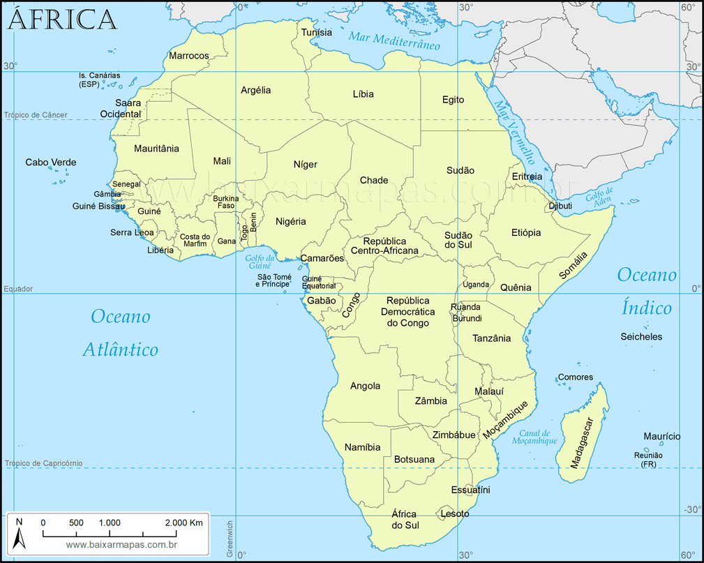 Mapa político da África em cor única Mapa político do continente africano em cor única