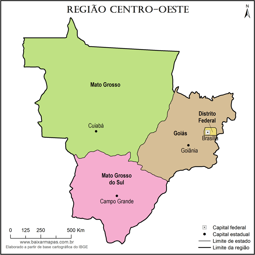 Mapa da Região Centro-Oeste com estados e capitais.