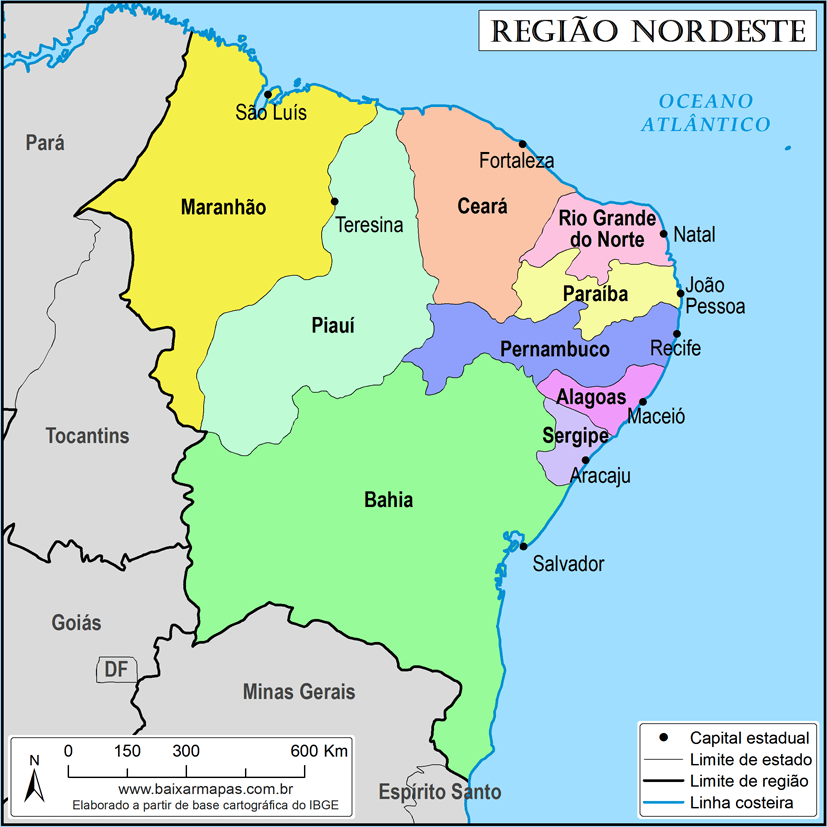 Mapa da Região Nordeste com estados, capitais e limites da região.