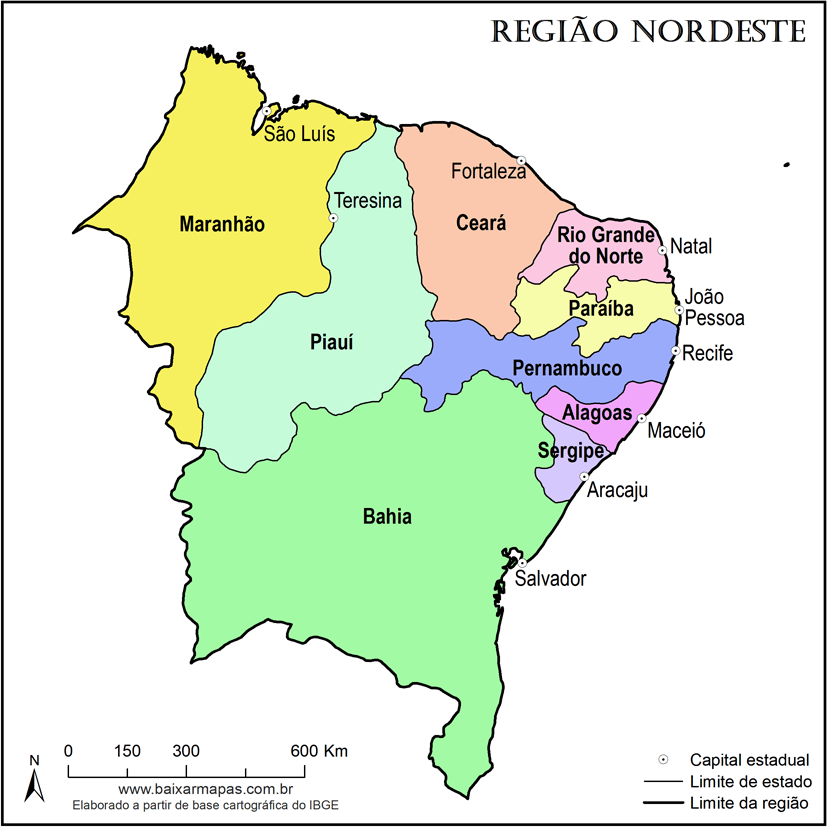 Mapa da Região Nordeste com estados e capitais.