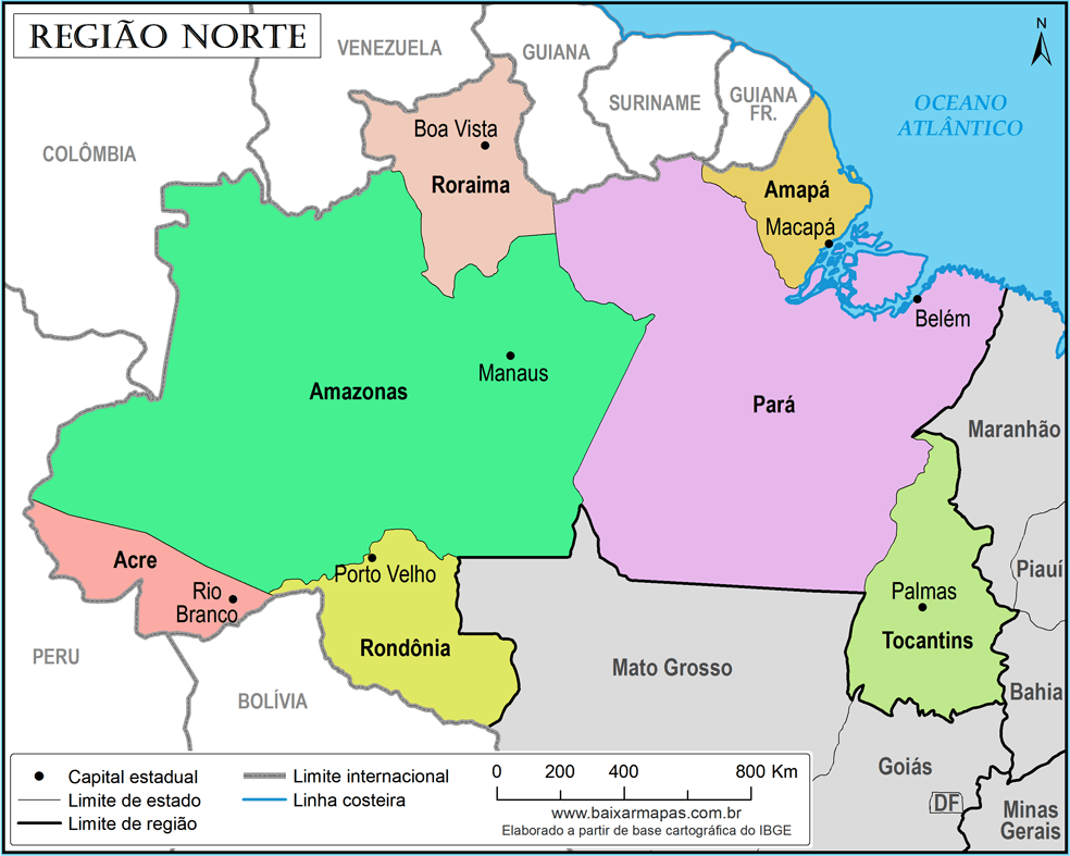 Mapa da Região Norte com estados, capitais e limites com estados e países.