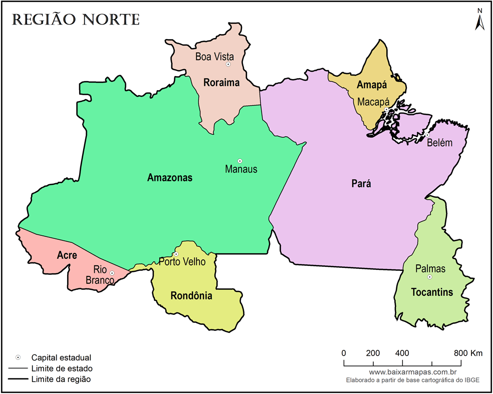 Mapa da Região Norte com estados e capitais.