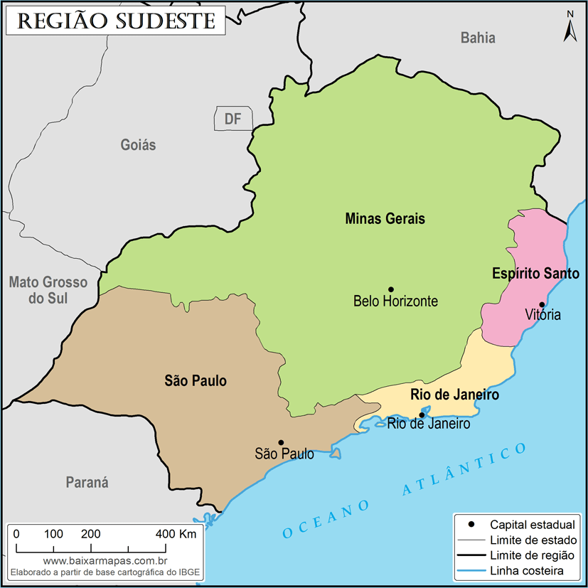 Mapa da Região Sudeste com estados, capitais e estados limites.