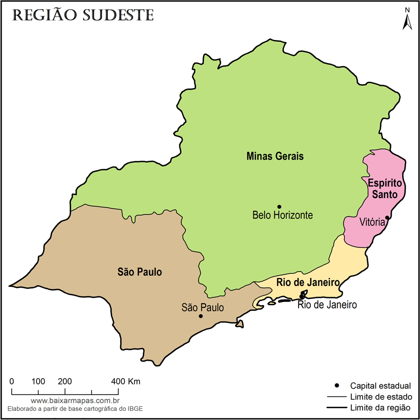 Mapa da Região Sudeste com estados e capitais.
