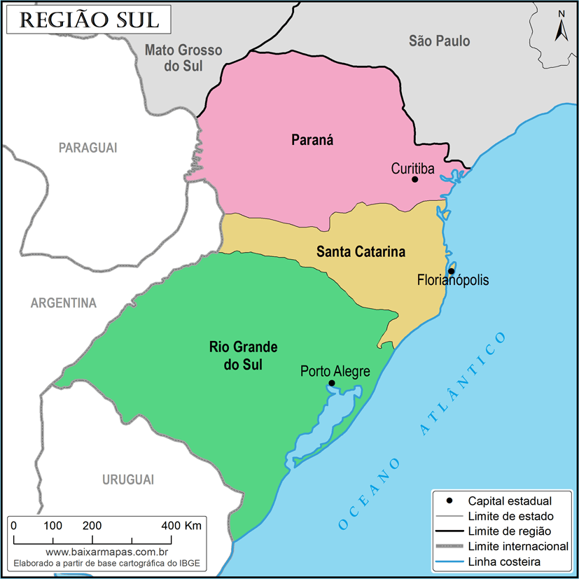 Mapa da Região Sul do Brasil com estados, capitais e limites com outros países.