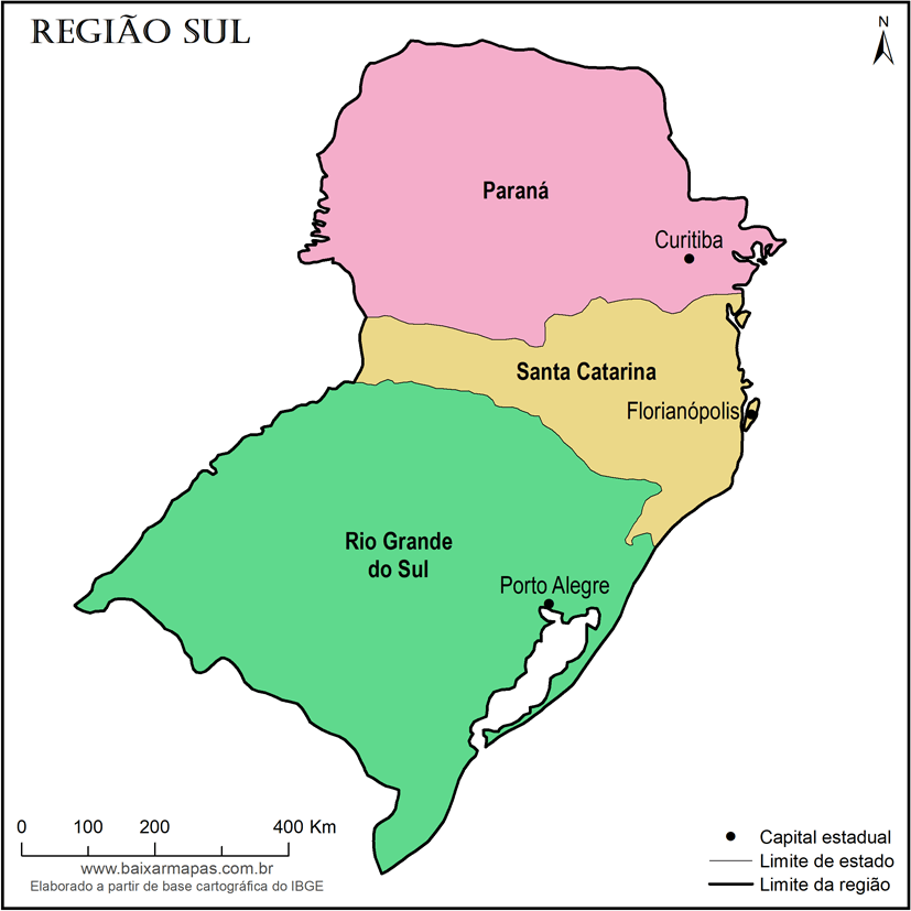 Mapa da Região Sul com estados e capitais.
