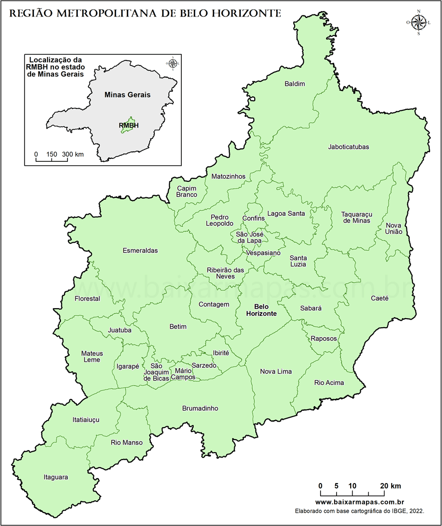 Mapa da Região Metropolitana de Belo Horizonte com localização em Minas Gerais.