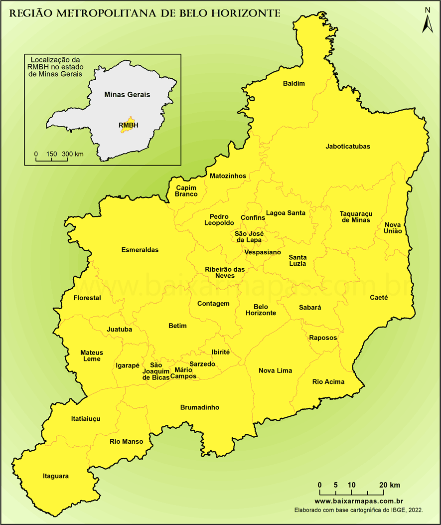 Mapa de municípios da RMBH Região Metropolitana de Belo Horizonte.