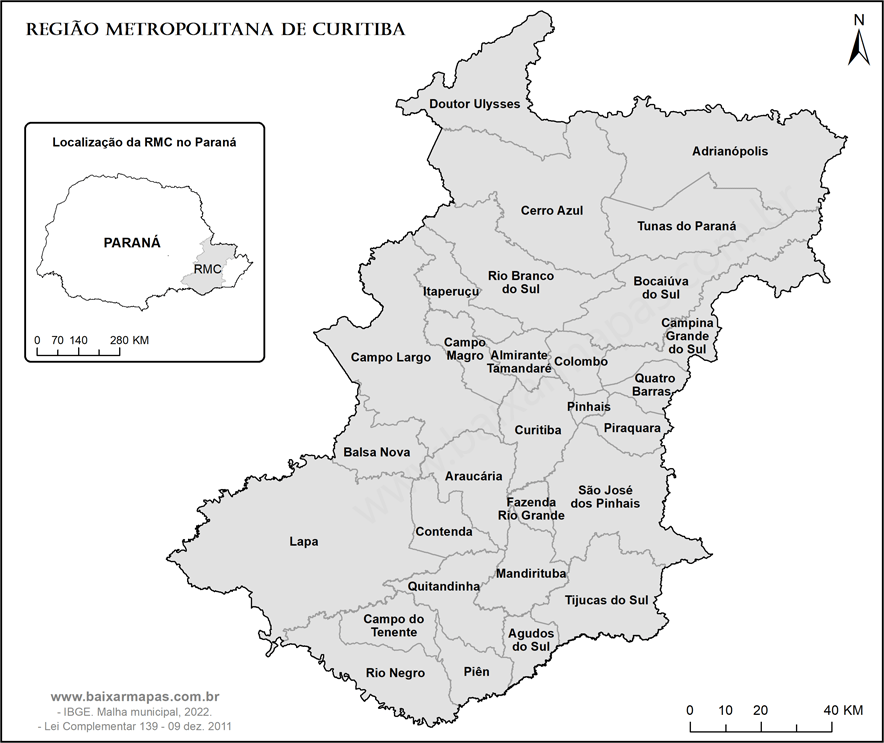 Mapa de localização da Região Metropolitana de curitiba.