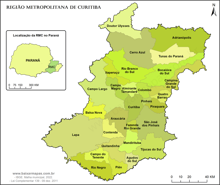 Mapa de municípios da Região Metropolitana de curitiba.