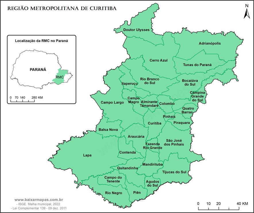 Mapa da Região Metropolitana de curitiba - RMC.