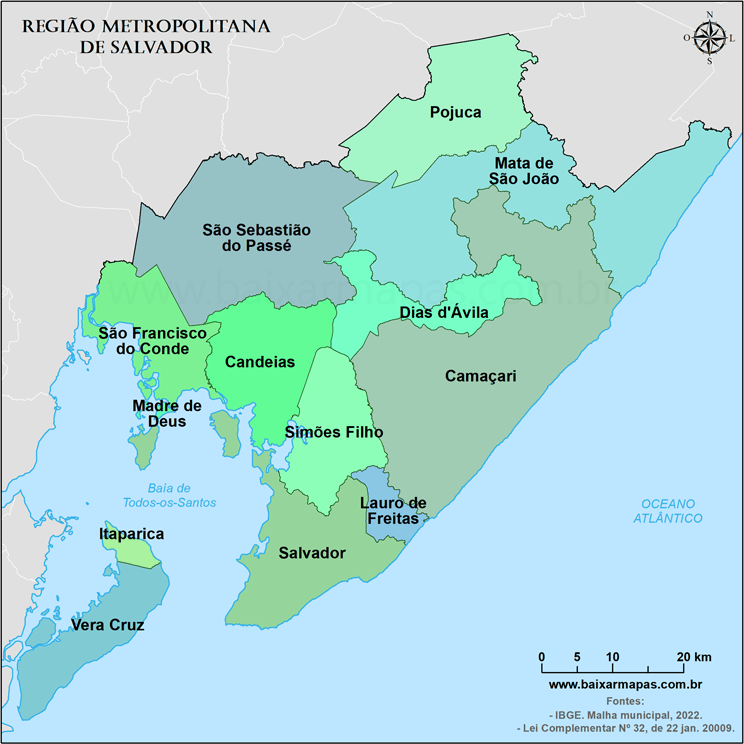 Mapa de municípios da Região Metropolitana de Salvador.