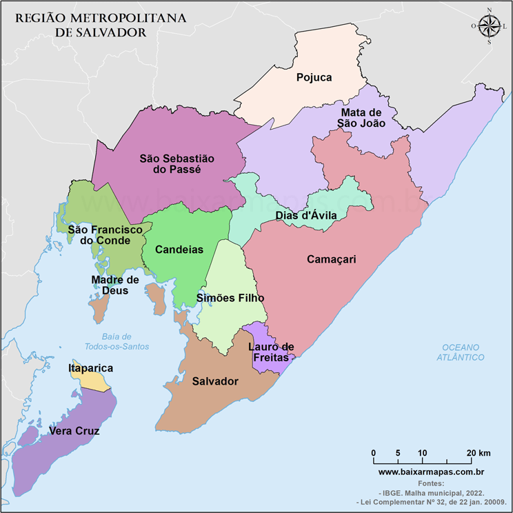 Mapa da Região Metropolitana de Salvador.