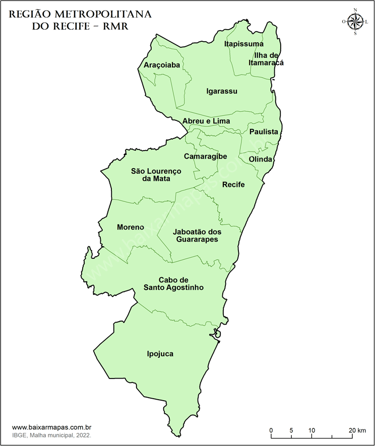 Mapa de municípios da Região Metropolitana do Recife.
