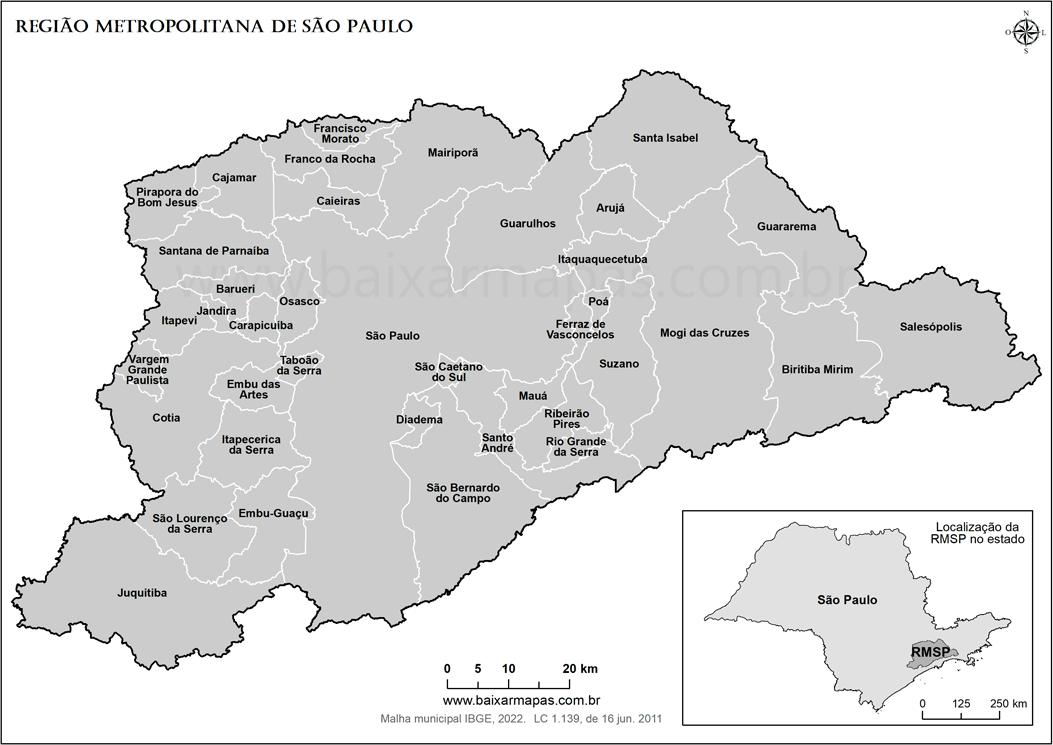 Mapa de localização da Região Metropolitana de São Paulo e seus municípios.