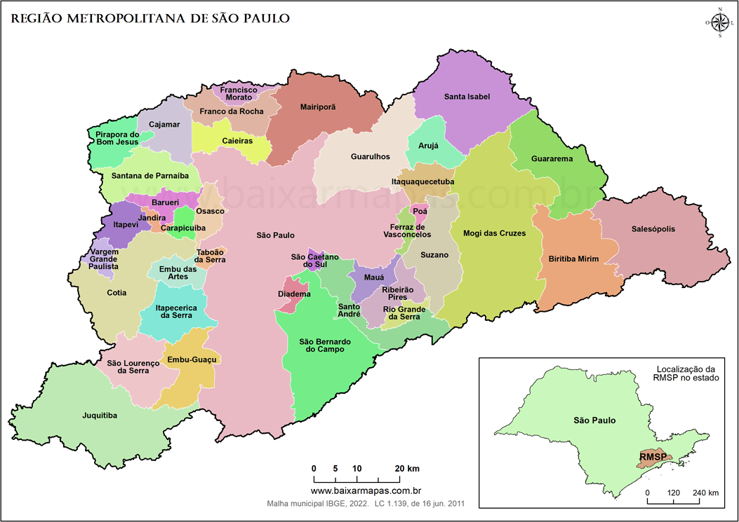 Mapa de municípios da Região Metropolitana de São Paulo, RMSP.