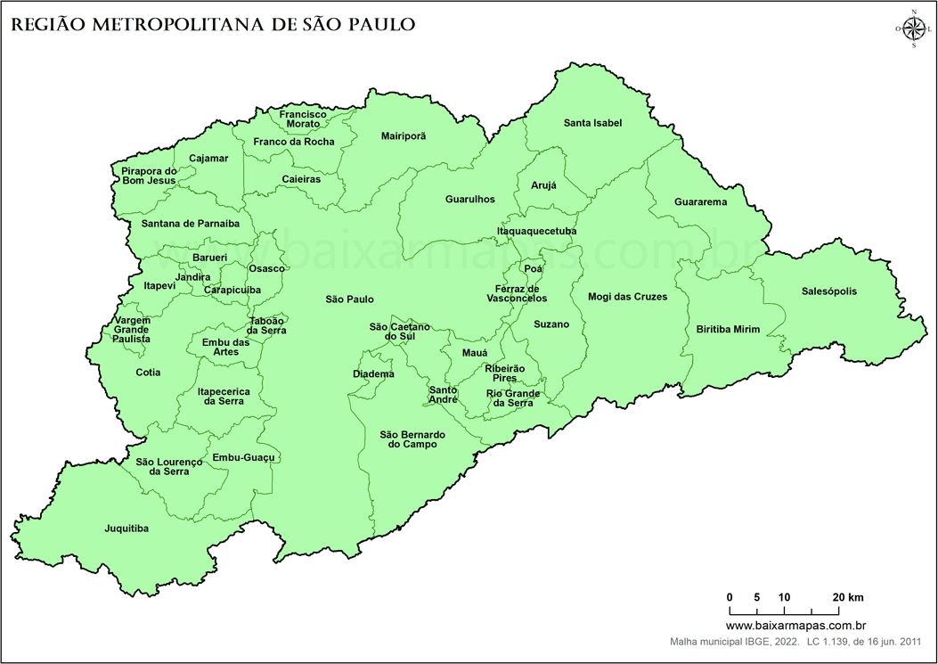 Mapa da RMSP - Região Metropolitana de São Paulo.